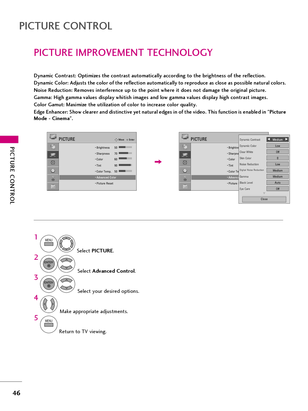 LG Electronics 22LQ630H, 32LQ630H, 42CQ610H, 26LQ630H owner manual Picture Improvement Technology, Select Advanced Control 