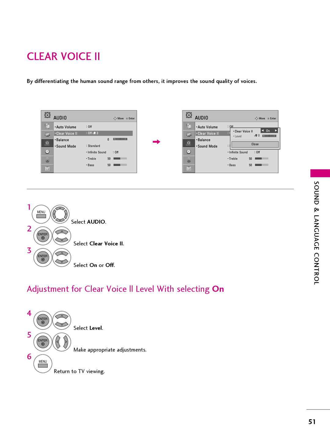 LG Electronics 26LQ630H, 32LQ630H, 42CQ610H Adjustment for Clear Voice ll Level With selecting On, Select Clear Voice 