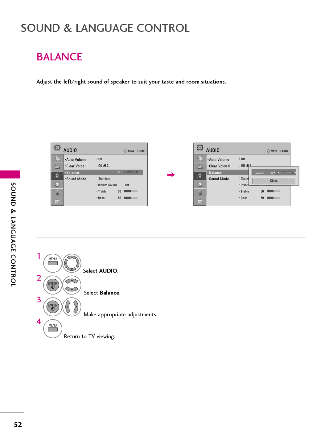 LG Electronics 32LQ630H, 42CQ610H, 22LQ630H, 26LQ630H owner manual Sound & Language Control, Balance 