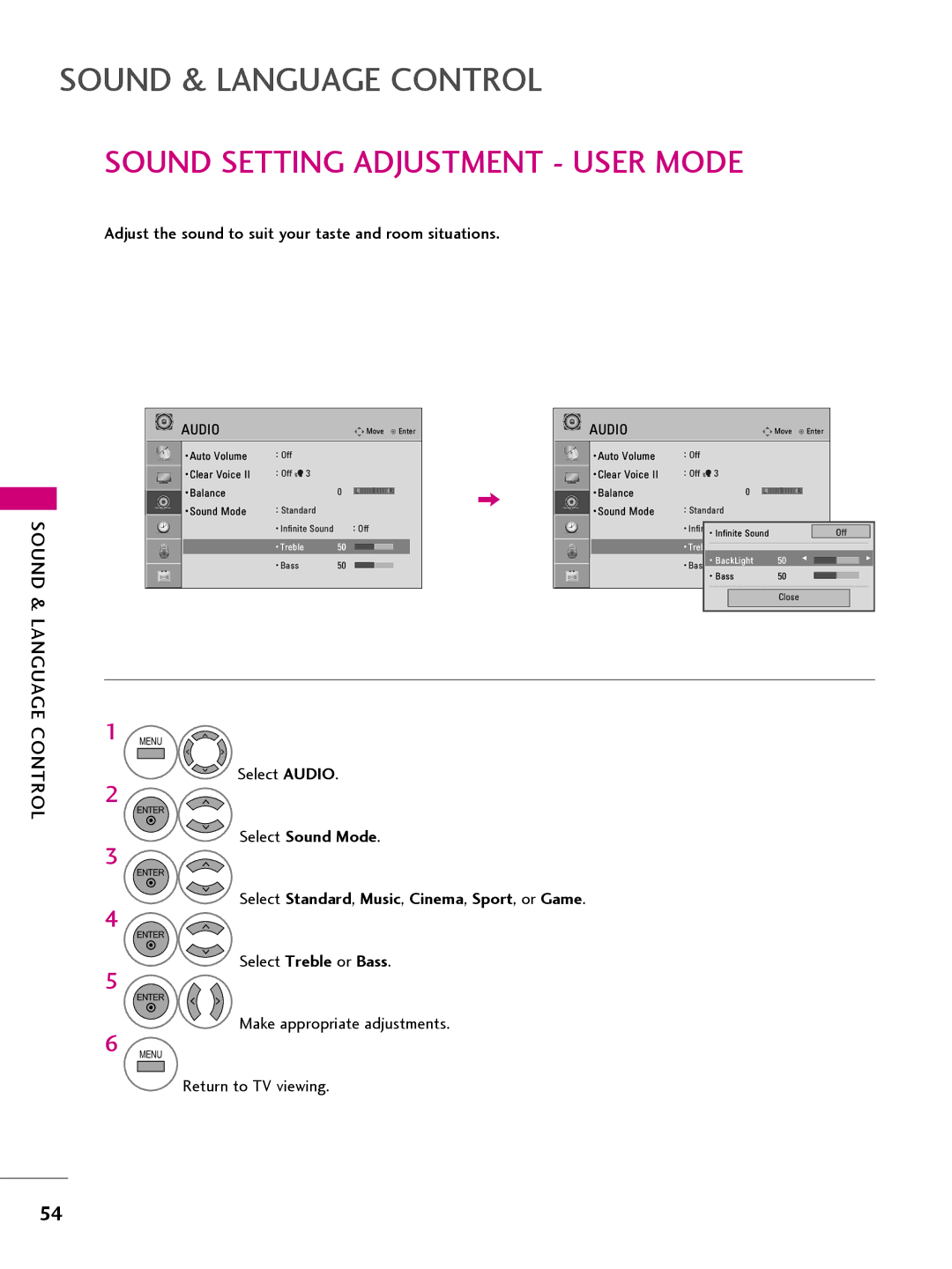 LG Electronics 22LQ630H, 32LQ630H Sound Setting Adjustment User Mode, Select Standard, Music, Cinema, Sport, or Game 