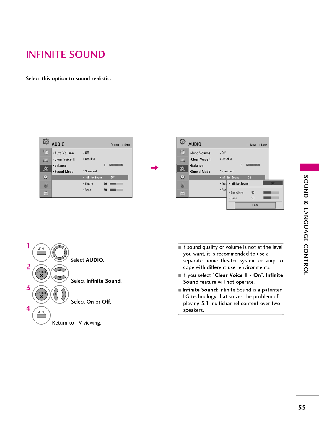 LG Electronics 26LQ630H, 32LQ630H, 42CQ610H, 22LQ630H owner manual Select Infinite Sound 