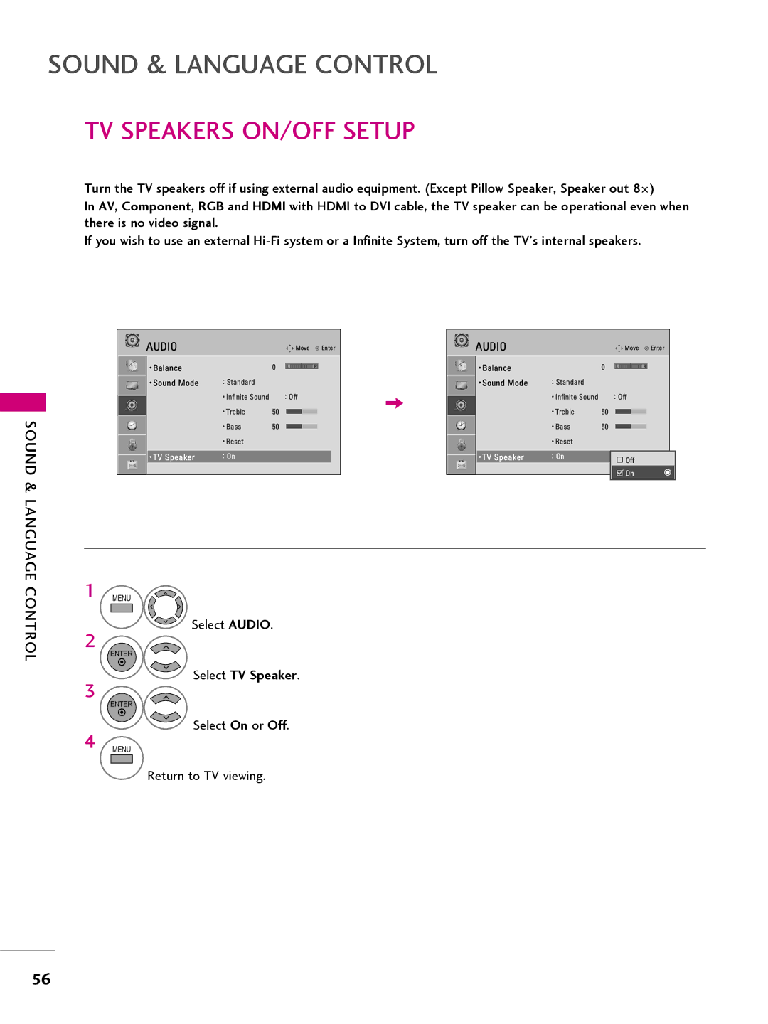 LG Electronics 32LQ630H, 42CQ610H, 22LQ630H, 26LQ630H owner manual TV Speakers ON/OFF Setup, Select TV Speaker 