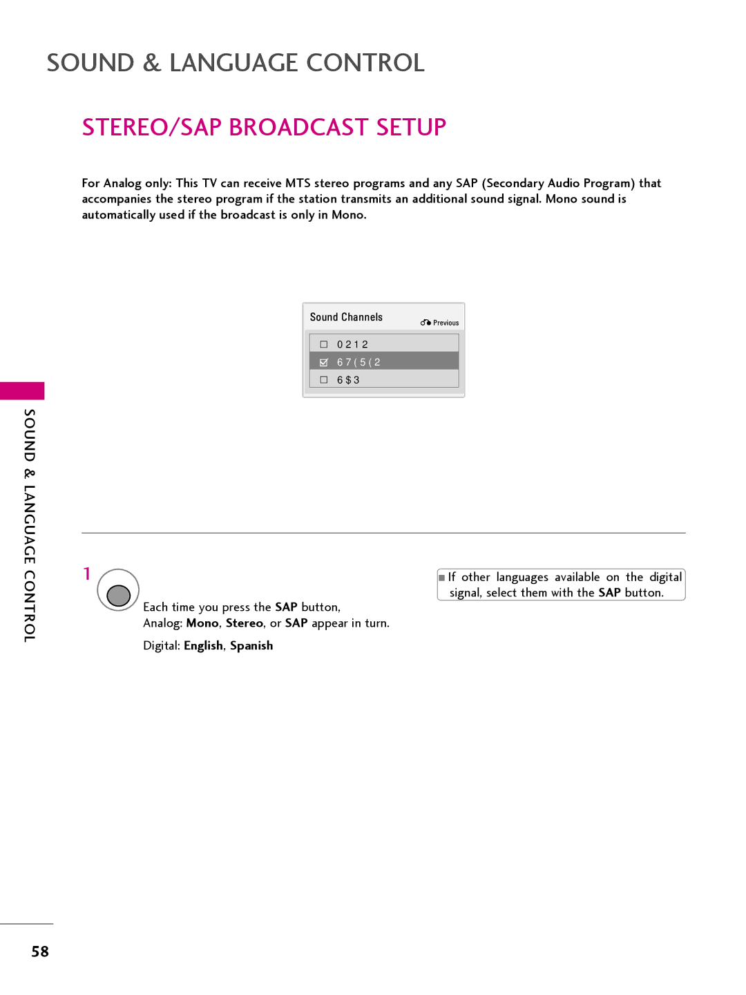 LG Electronics 22LQ630H, 32LQ630H, 42CQ610H, 26LQ630H owner manual STEREO/SAP Broadcast Setup, Digital English, Spanish 