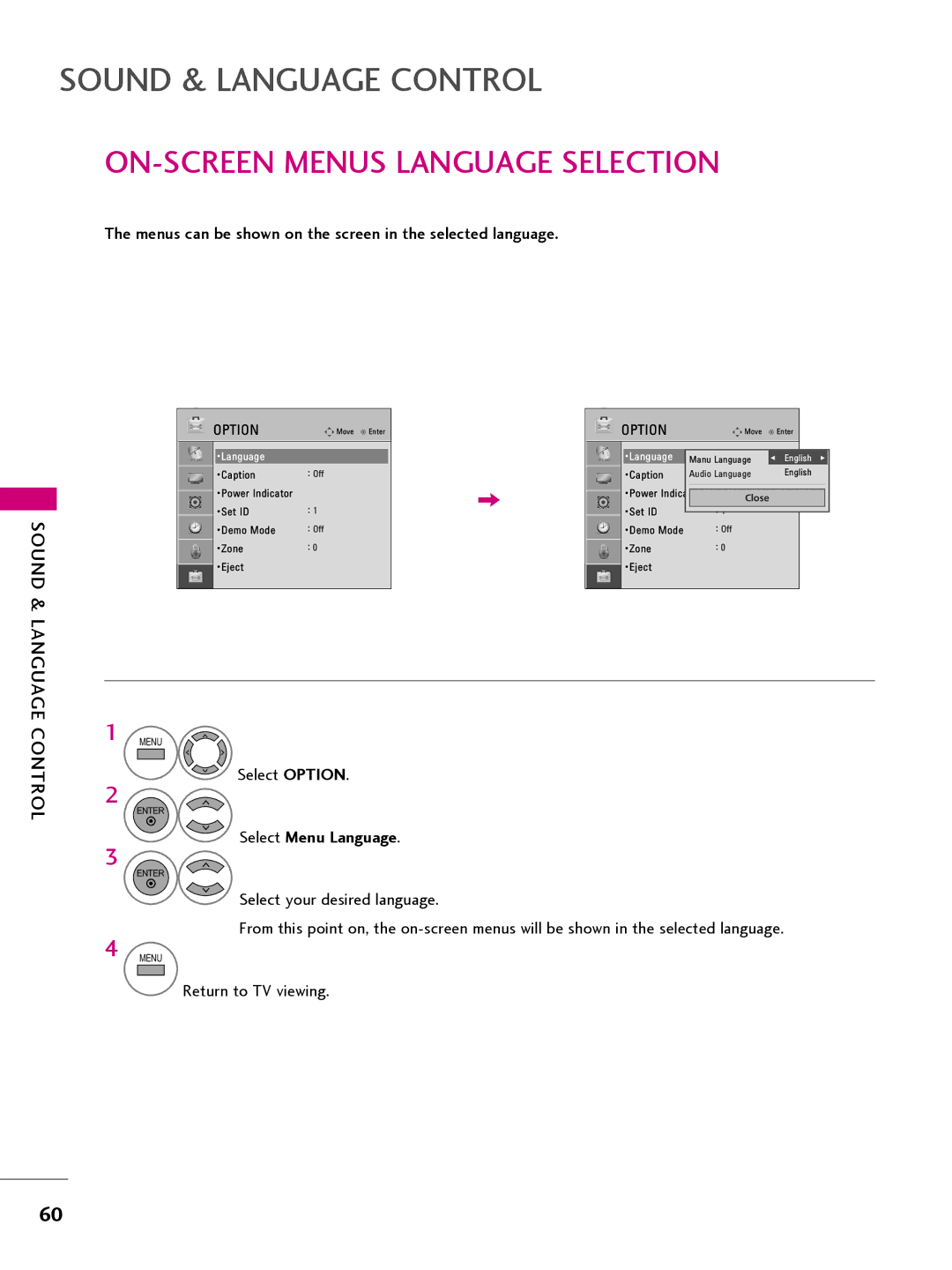 LG Electronics 32LQ630H, 42CQ610H, 22LQ630H, 26LQ630H owner manual ON-SCREEN Menus Language Selection, Select Menu Language 