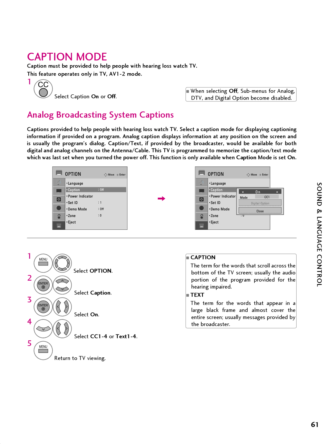 LG Electronics 42CQ610H, 32LQ630H, 22LQ630H Caption Mode, Analog Broadcasting System Captions, Select CC1-4 or Text1-4 