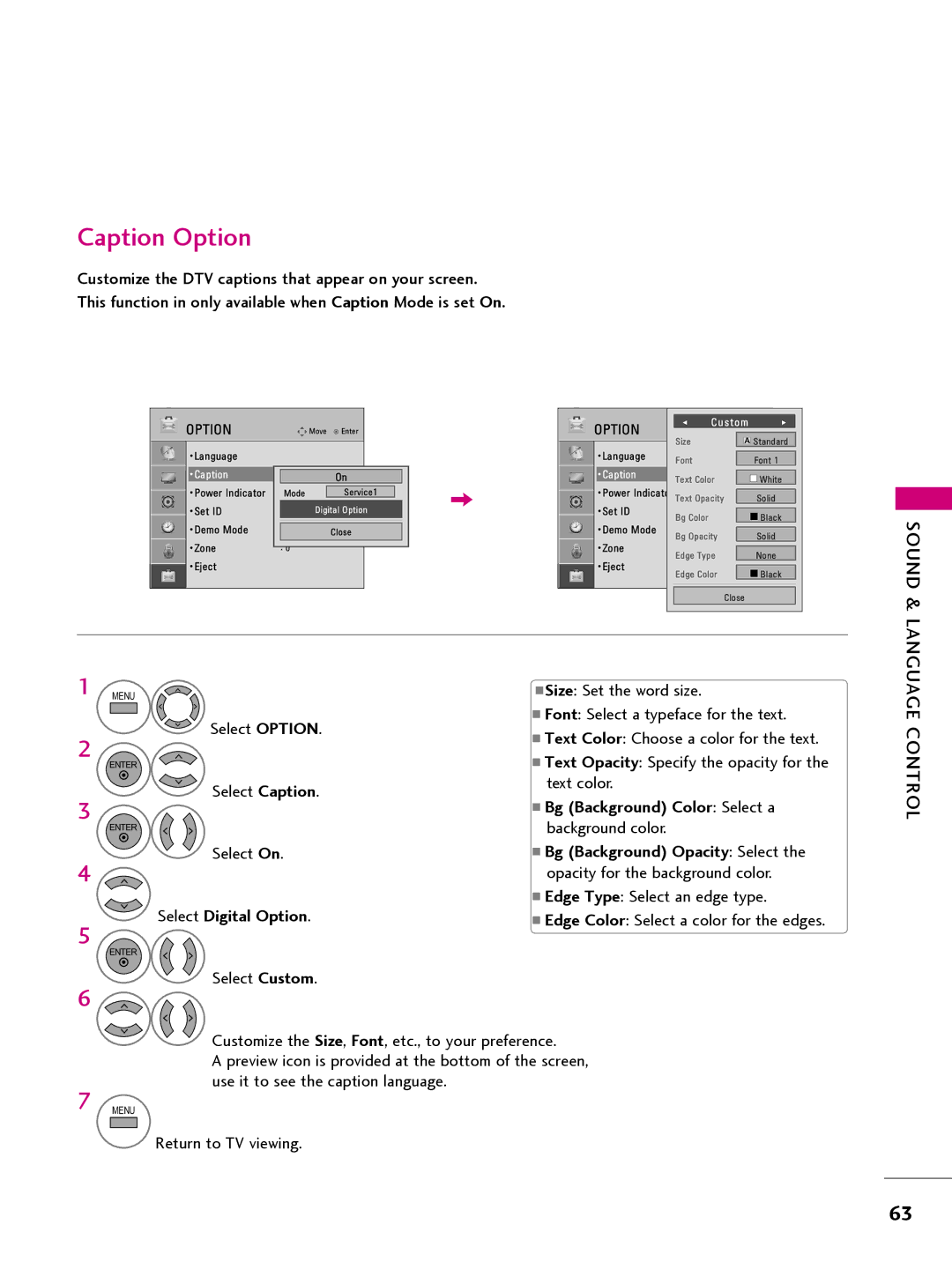 LG Electronics 26LQ630H Caption Option, Bg Background Color Select a, Select Digital Option, Bg Background Opacity Select 