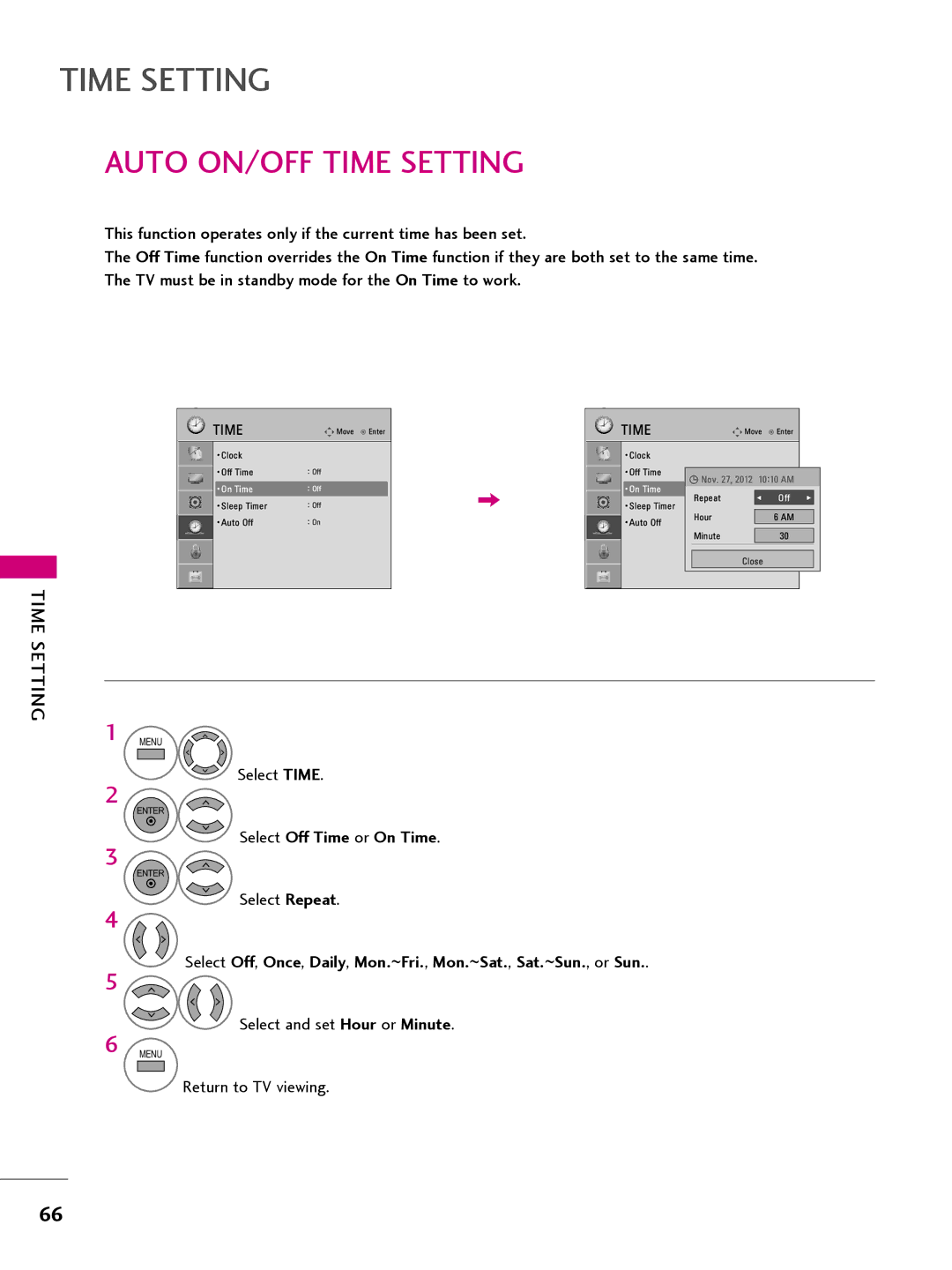 LG Electronics 22LQ630H, 32LQ630H, 42CQ610H, 26LQ630H owner manual Auto ON/OFF Time Setting, Select Off Time or On Time 