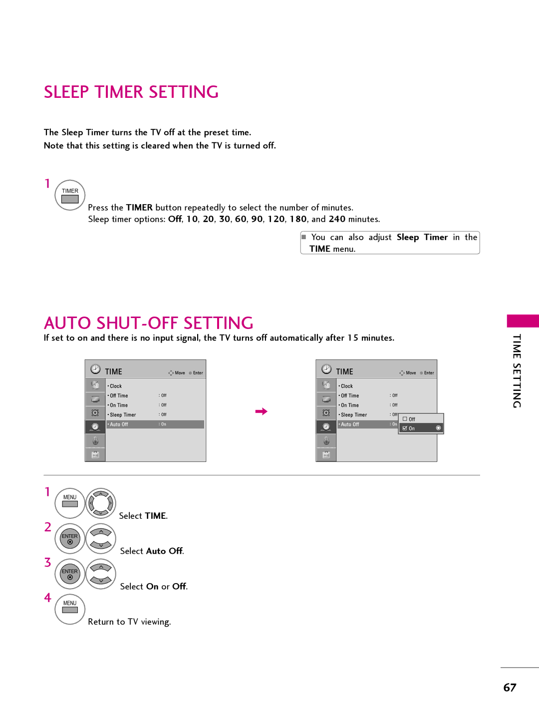 LG Electronics 26LQ630H, 32LQ630H, 42CQ610H, 22LQ630H owner manual Sleep Timer Setting, Auto SHUT-OFF Setting, Time menu 