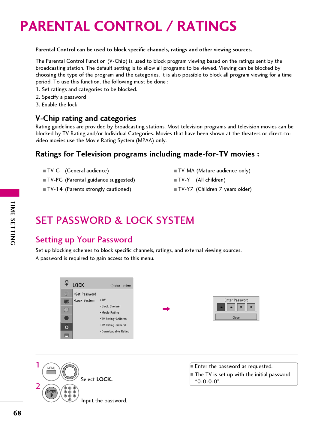 LG Electronics 32LQ630H SET Password & Lock System, Setting up Your Password, Enter the password as requested, Select Lock 