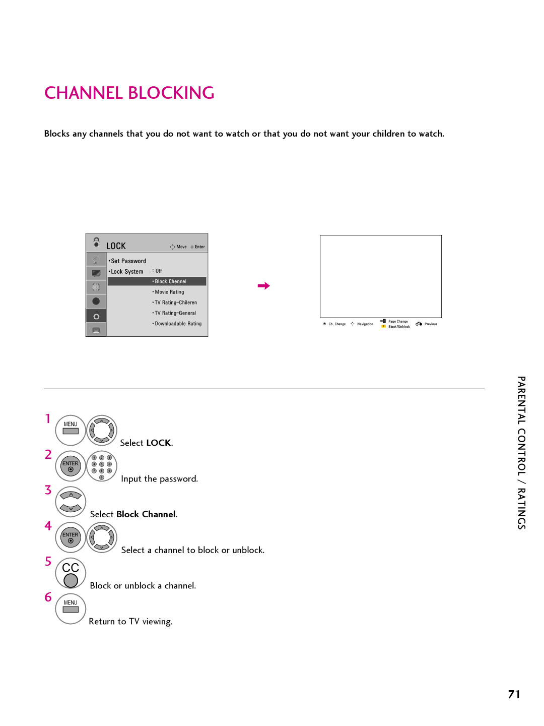 LG Electronics 26LQ630H, 32LQ630H, 42CQ610H, 22LQ630H owner manual Channel Blocking, Select Block Channel 