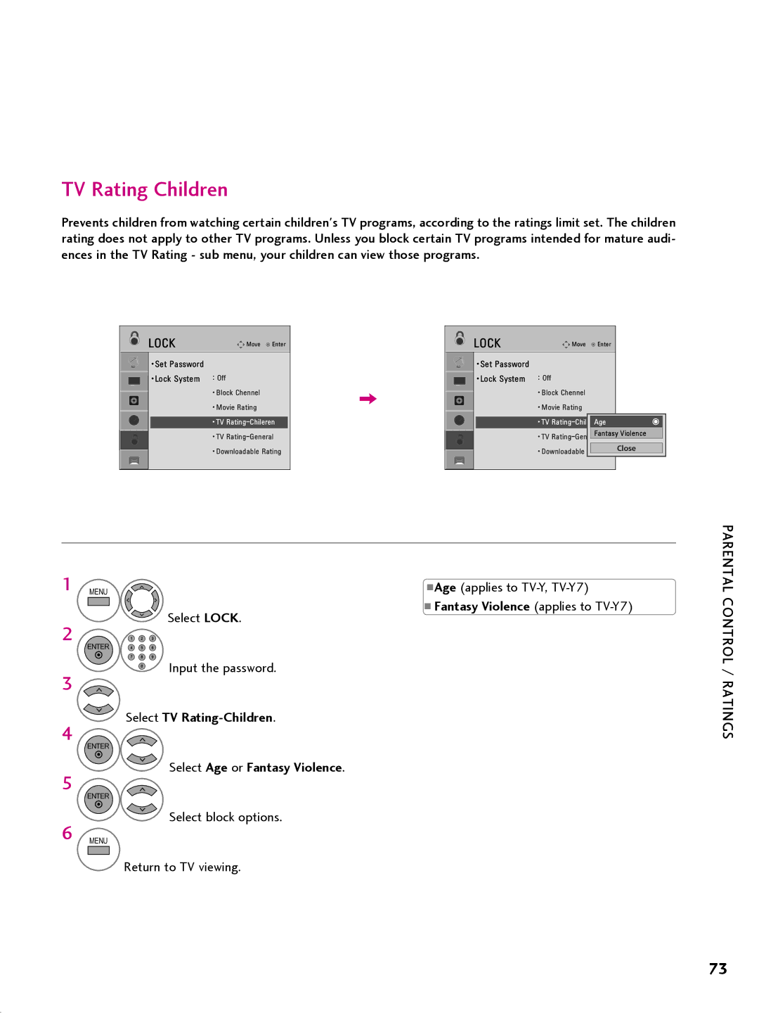 LG Electronics 42CQ610H, 32LQ630H, 22LQ630H TV Rating Children, Select TV Rating-Children, Select Age or Fantasy Violence 