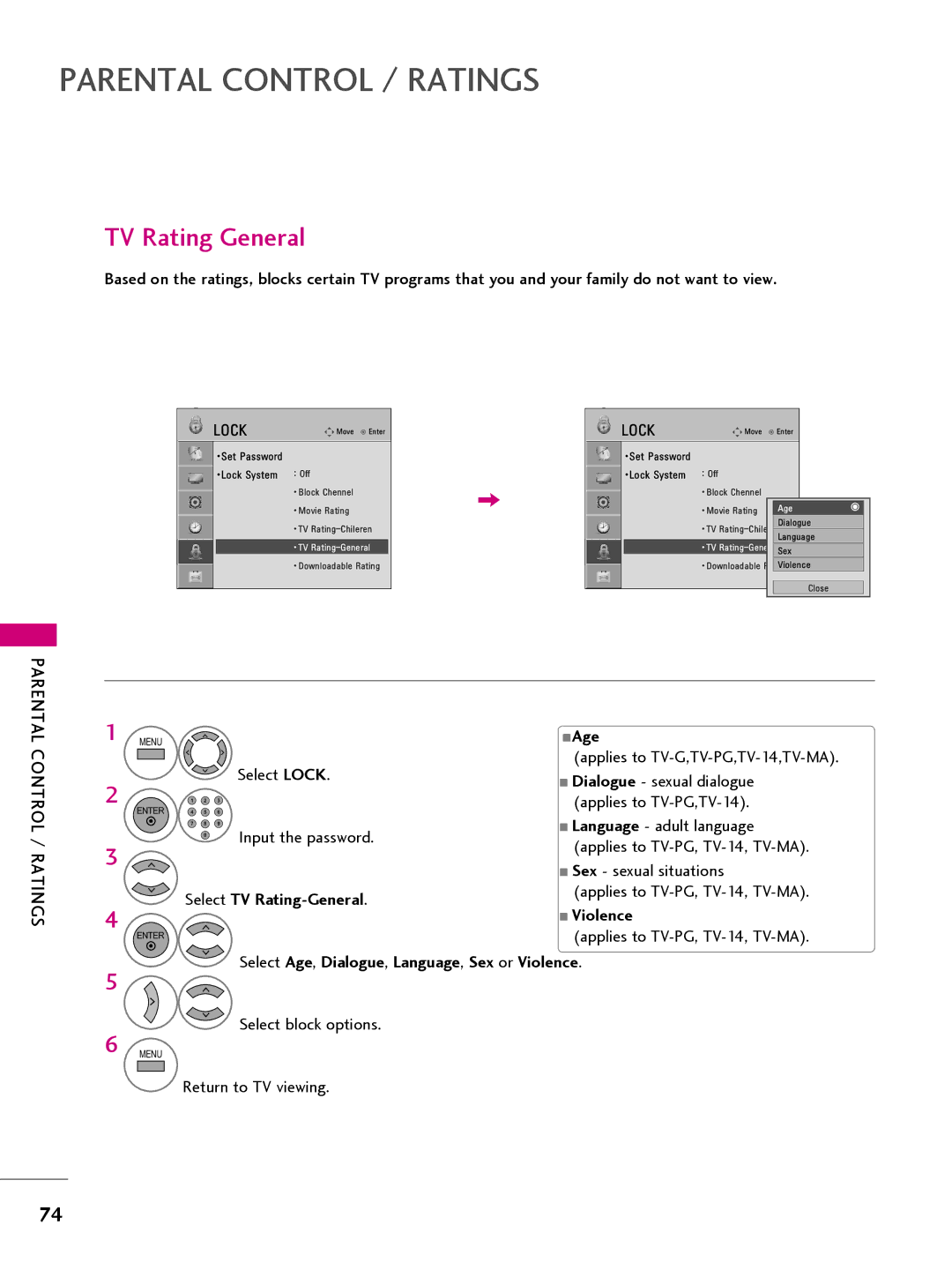 LG Electronics 22LQ630H, 32LQ630H TV Rating General, Select Lock Dialogue sexual dialogue Applies to TV-PG,TV-14, Violence 