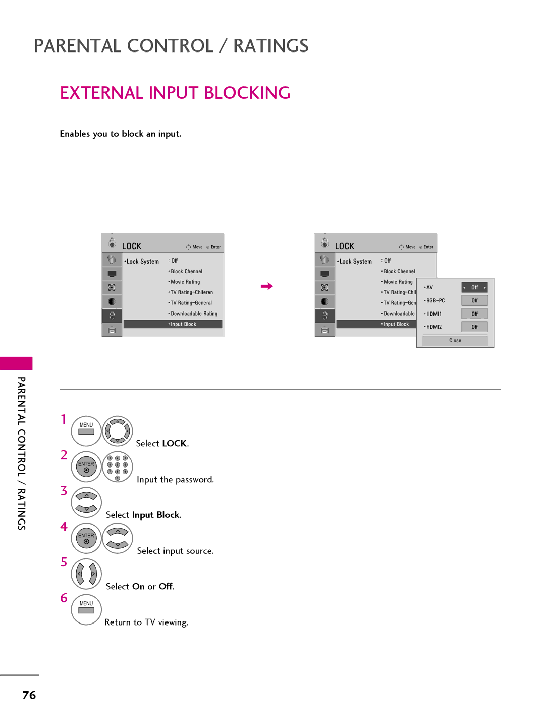 LG Electronics 32LQ630H, 42CQ610H, 22LQ630H, 26LQ630H owner manual External Input Blocking, Select Input Block 