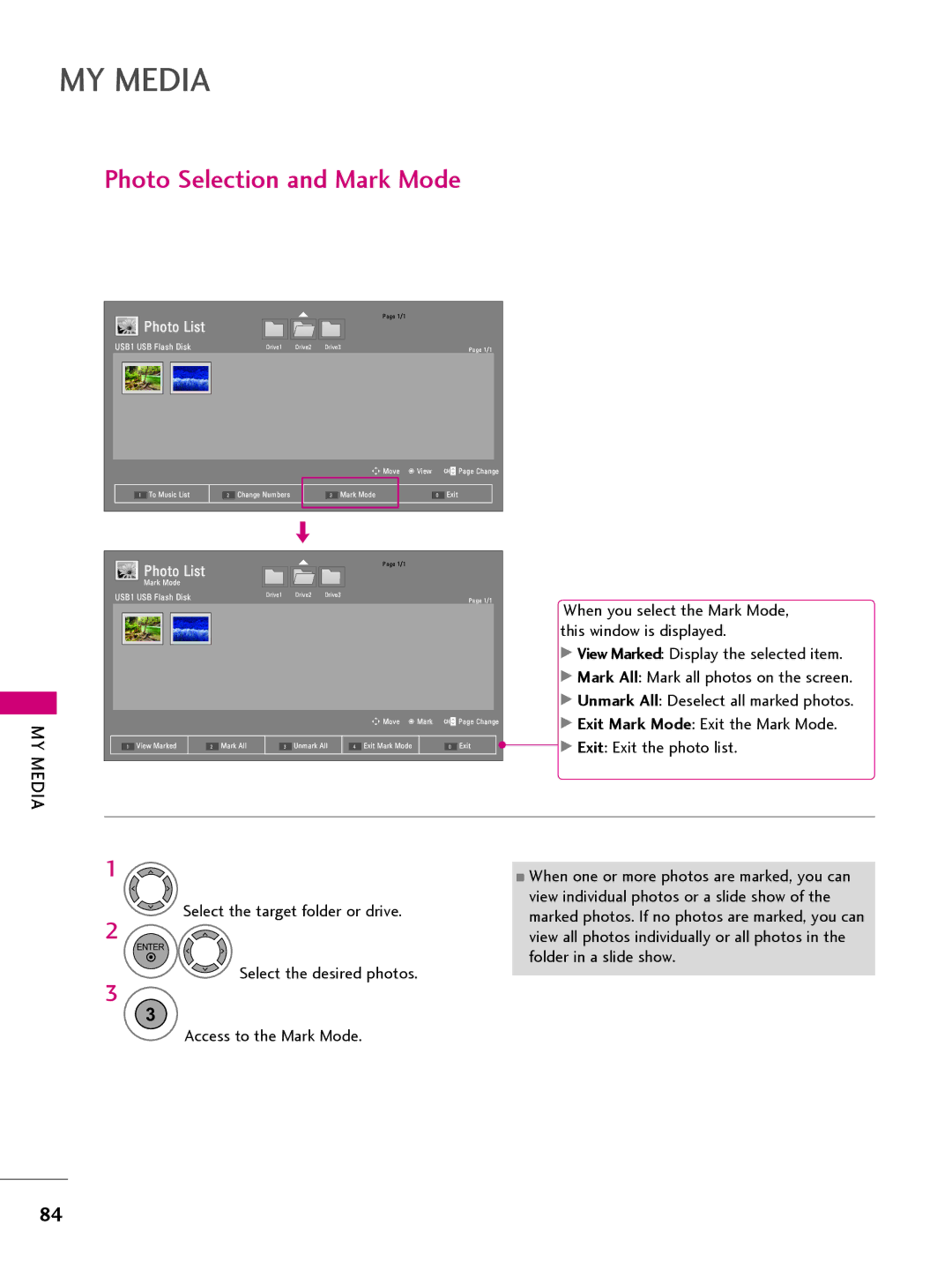 LG Electronics 32LQ630H, 42CQ610H, 22LQ630H, 26LQ630H owner manual Photo Selection and Mark Mode, Photo List 