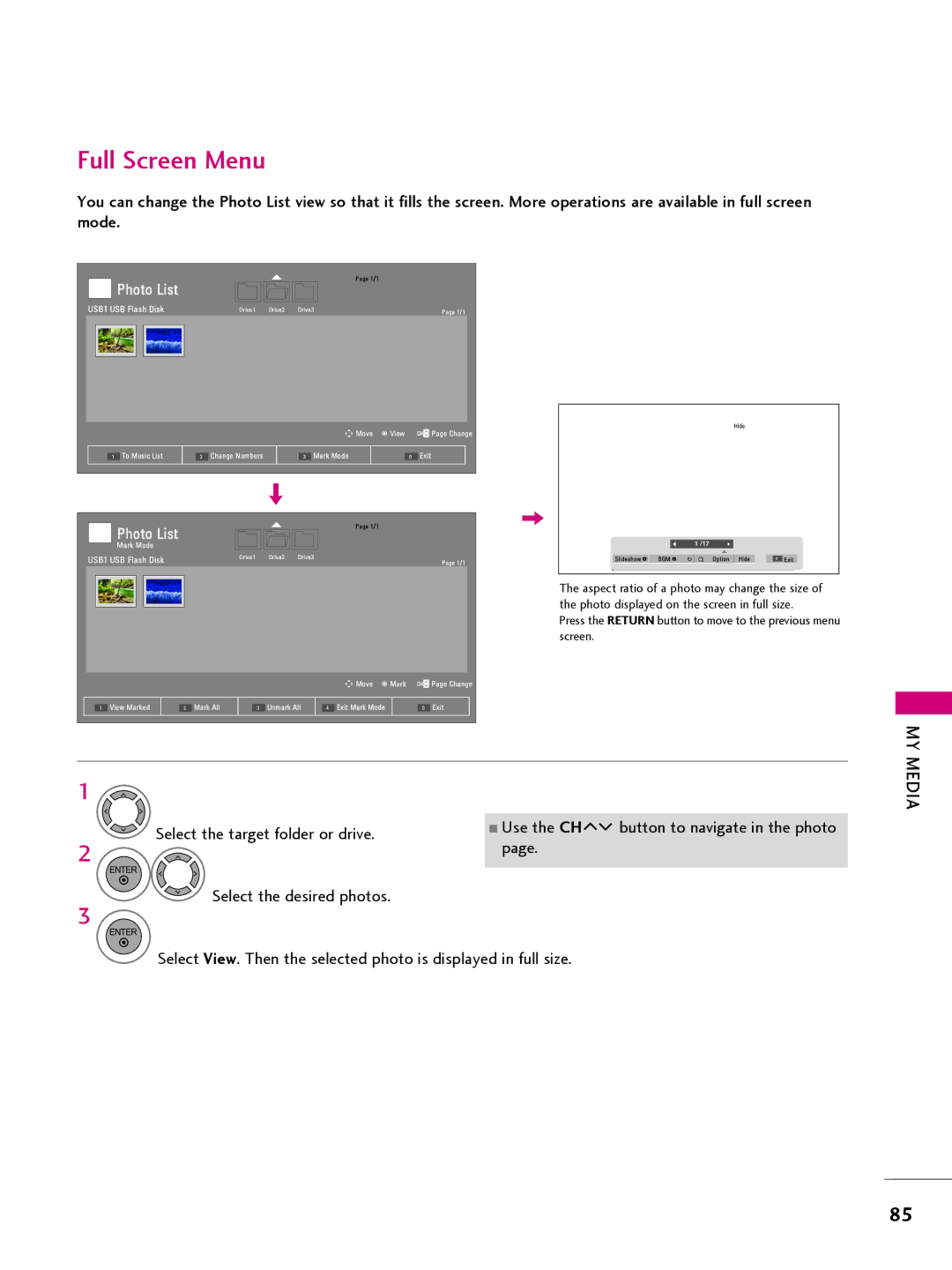 LG Electronics 42CQ610H, 32LQ630H, 22LQ630H, 26LQ630H owner manual Full Screen Menu 