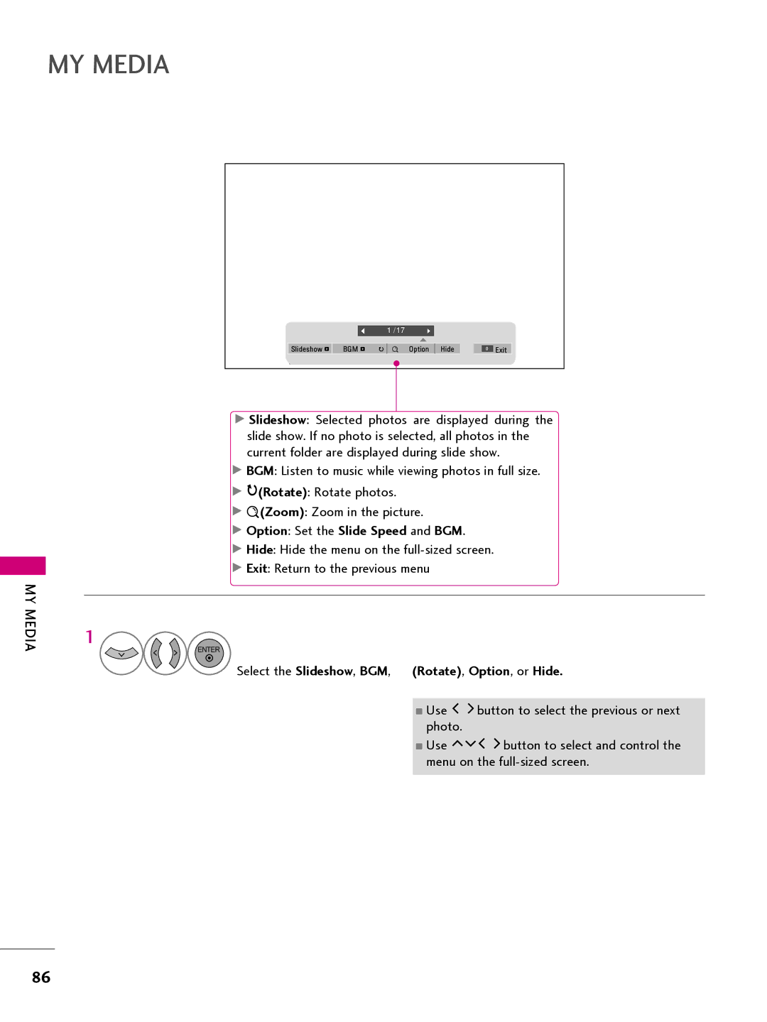 LG Electronics 22LQ630H, 32LQ630H Option Set the Slide Speed and BGM, Select the Slideshow, BGM, Rotate, Option, or Hide 