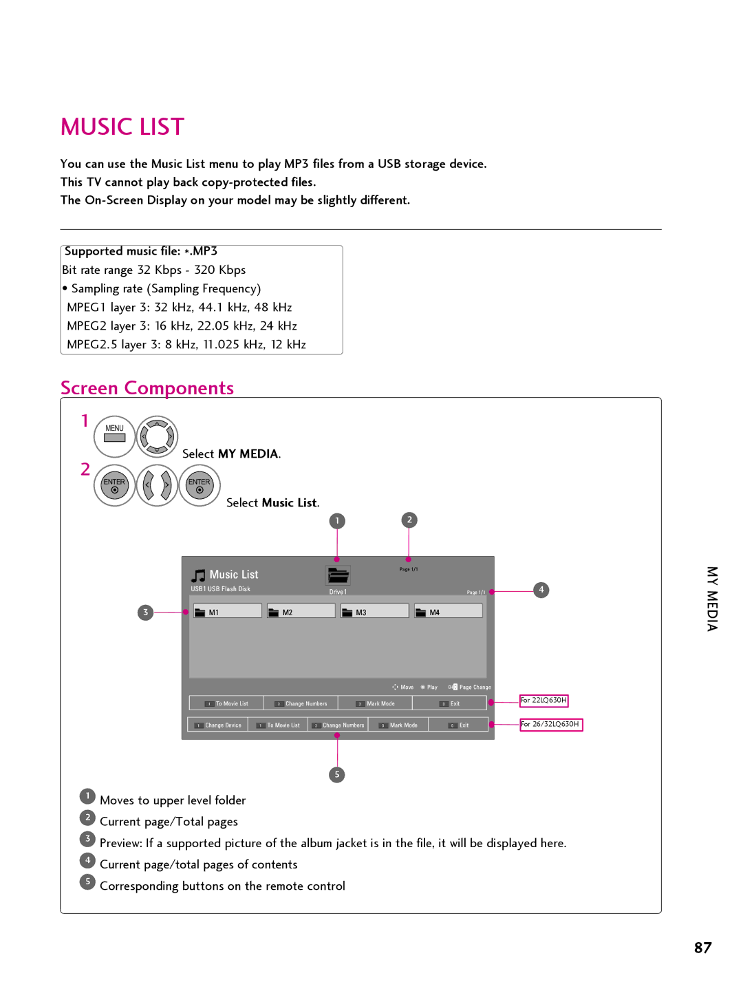 LG Electronics 26LQ630H, 32LQ630H, 42CQ610H, 22LQ630H owner manual Music List, Select MY Media 