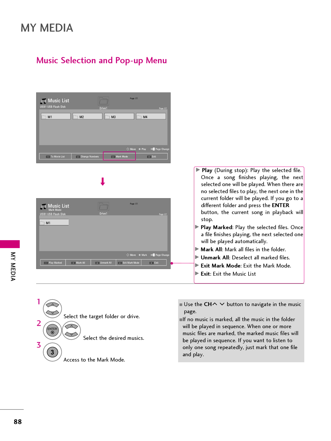 LG Electronics 32LQ630H, 42CQ610H, 22LQ630H, 26LQ630H owner manual Music Selection and Pop-up Menu, Music List 