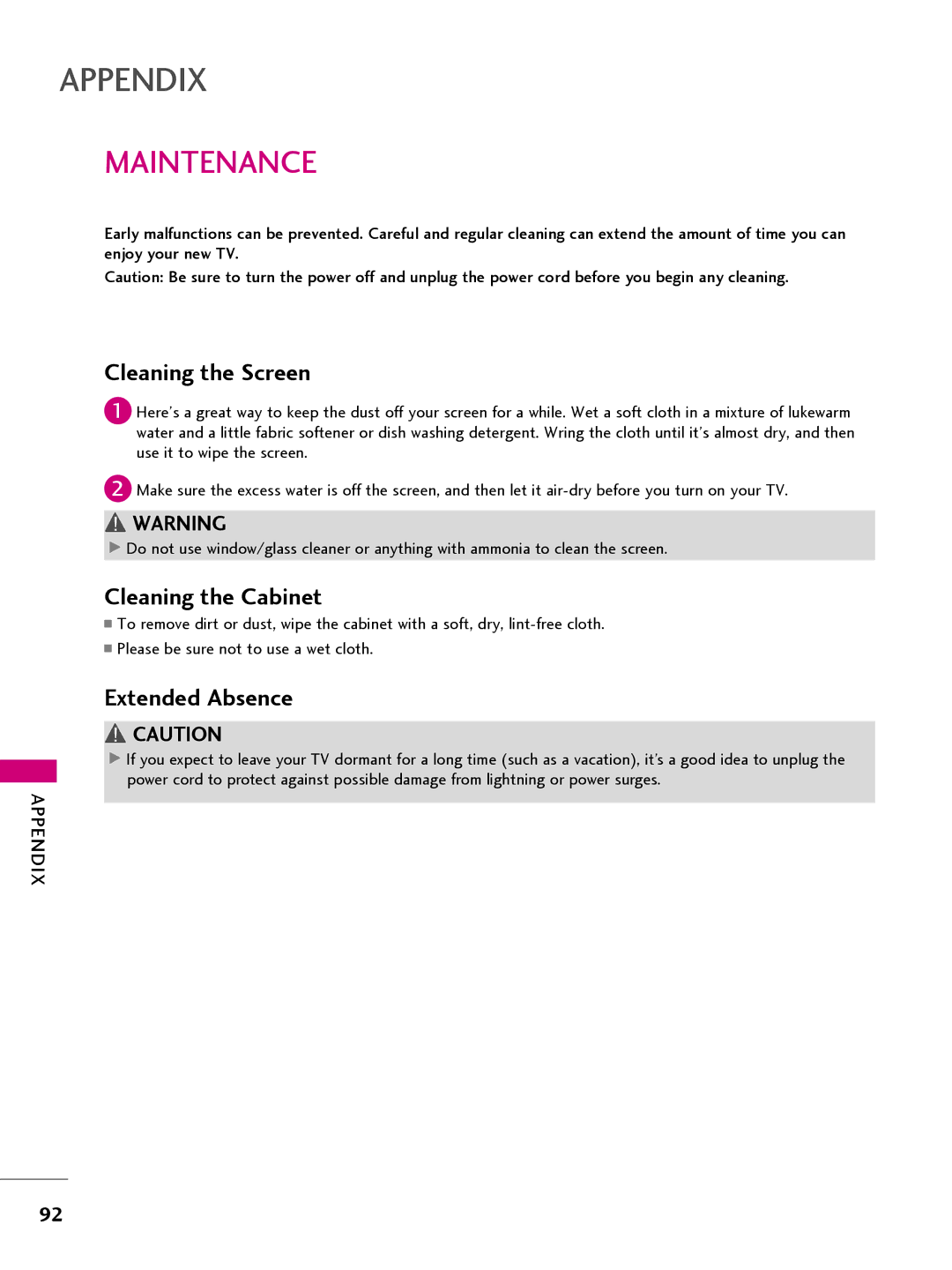 LG Electronics 32LQ630H, 42CQ610H, 22LQ630H, 26LQ630H owner manual Appendix, Maintenance 