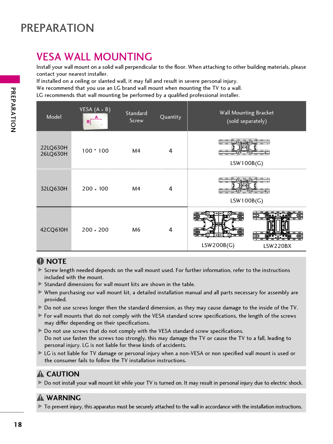 LG Electronics 22LQ630H, 32LQ630H, 42CQ610H, 26LQ630H owner manual Vesa Wall Mounting, Quantity 