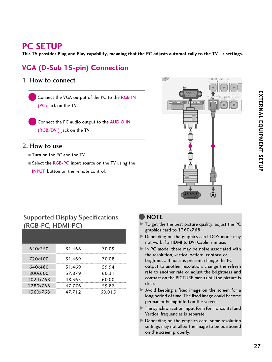 LG Electronics 26LQ630H, 32LQ630H, 42CQ610H, 22LQ630H owner manual PC Setup, VGA D-Sub 15-pin Connection 