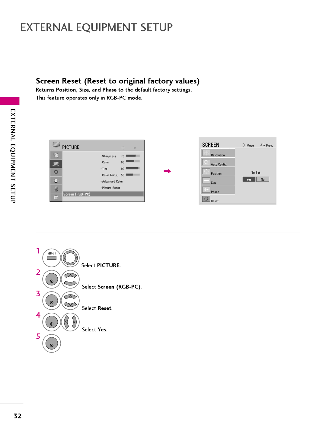 LG Electronics 32LQ630H, 42CQ610H, 22LQ630H, 26LQ630H owner manual Screen Reset Reset to original factory values 