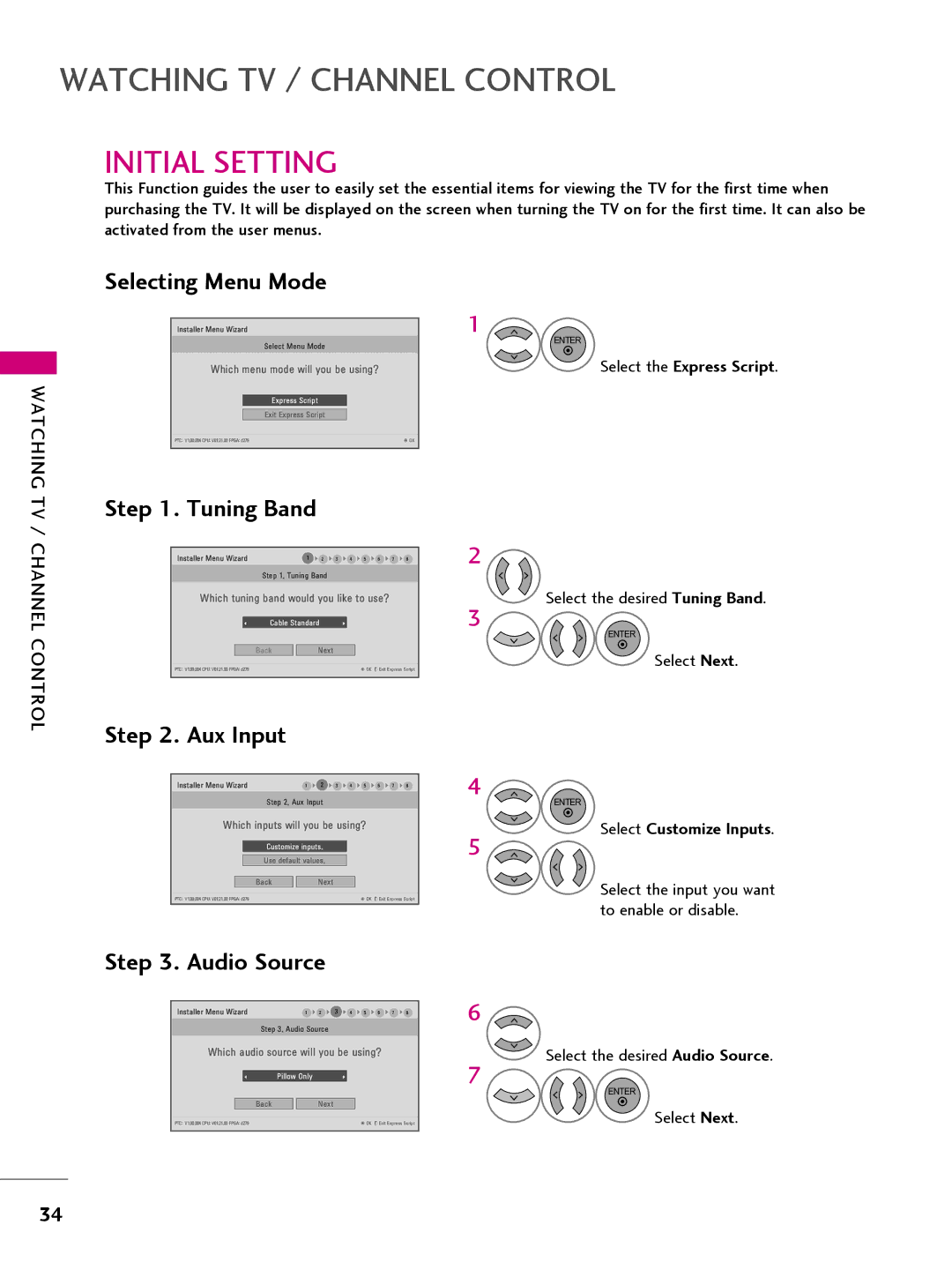 LG Electronics 22LQ630H, 32LQ630H, 42CQ610H, 26LQ630H Initial Setting, Select the Express Script, Select Customize Inputs 