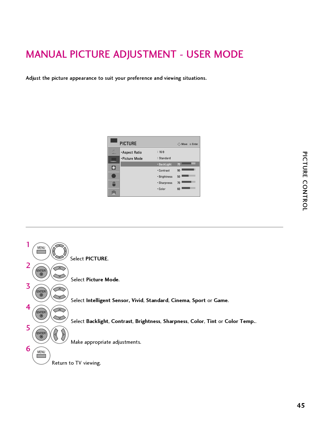 LG Electronics 42CQ610H, 32LQ630H, 22LQ630H, 26LQ630H owner manual Manual Picture Adjustment User Mode 