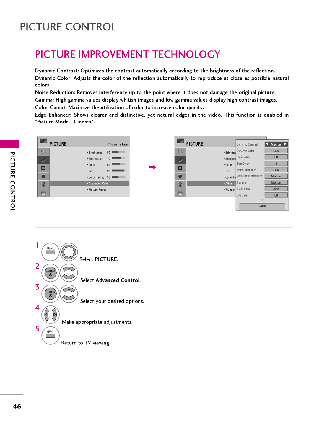 LG Electronics 22LQ630H, 32LQ630H, 42CQ610H, 26LQ630H owner manual Picture Improvement Technology, Select Advanced Control 