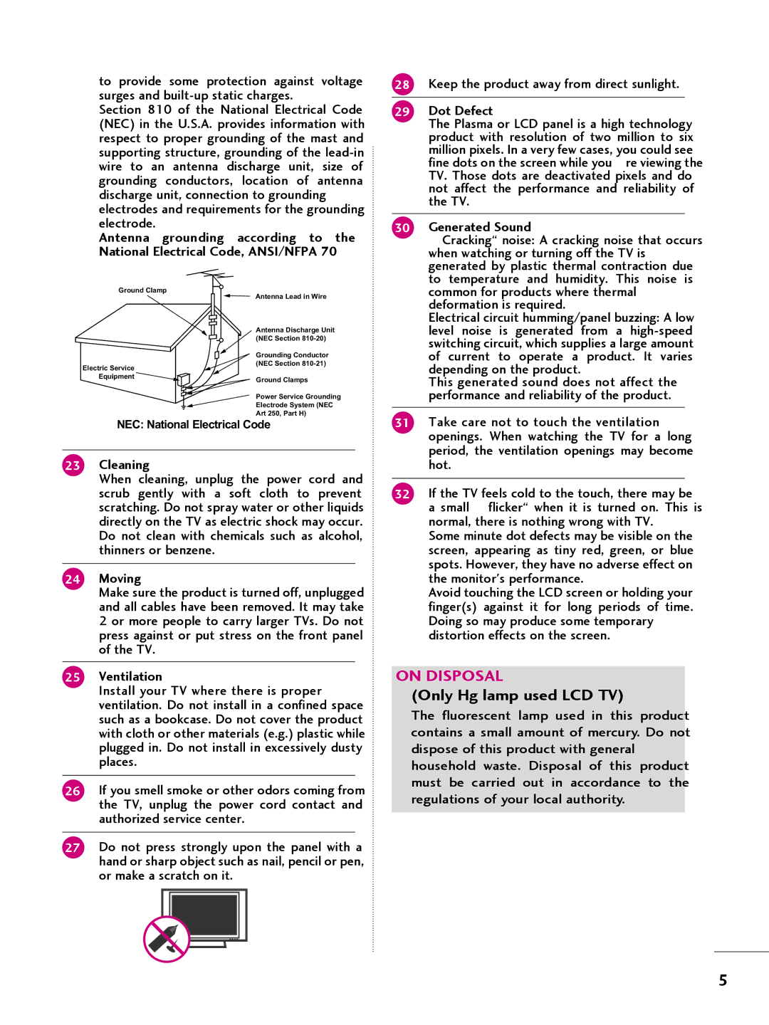 LG Electronics 42CQ610H, 32LQ630H, 22LQ630H, 26LQ630H owner manual Cleaning, Moving, Ventilation, Dot Defect, Generated Sound 