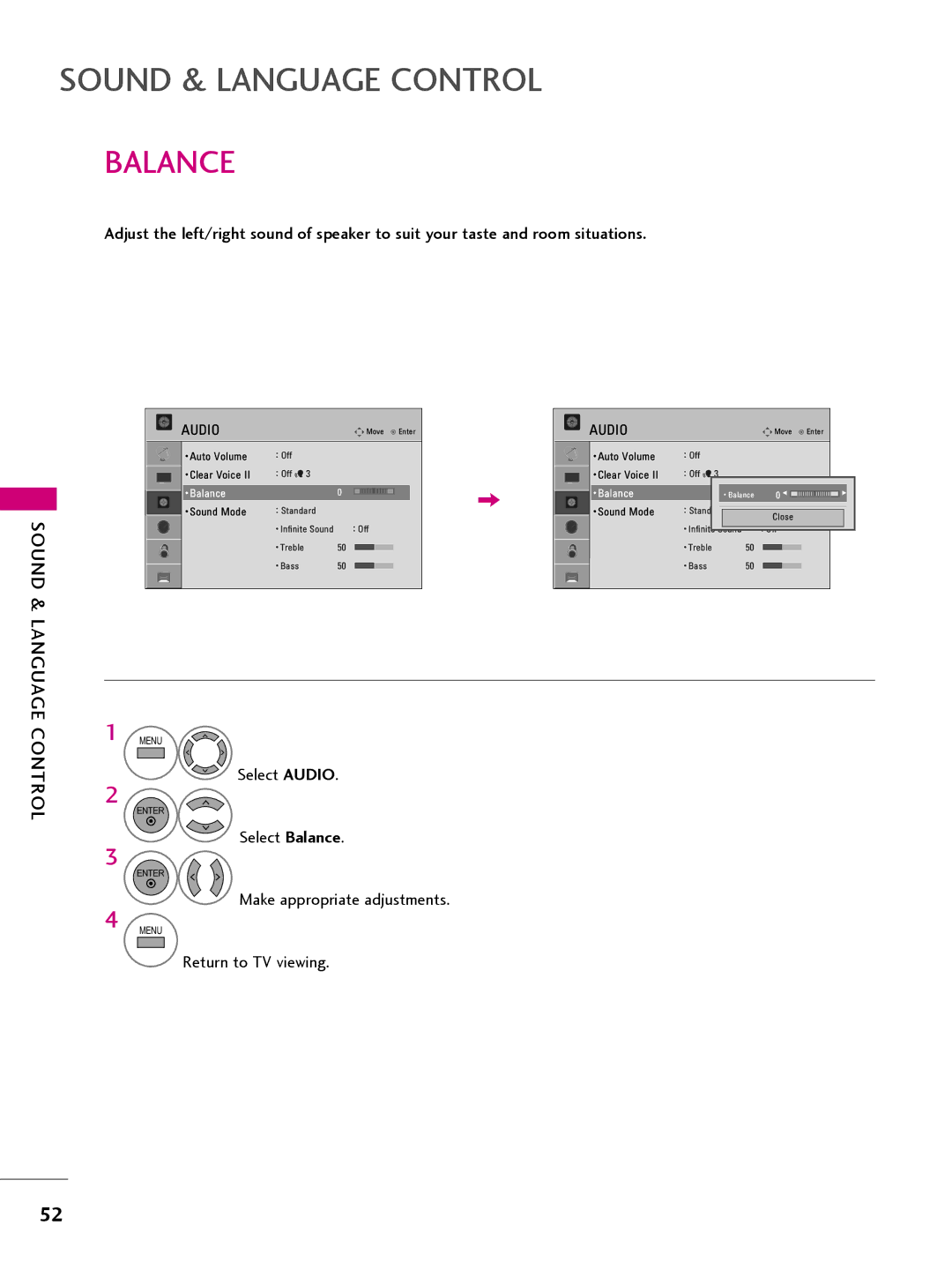 LG Electronics 32LQ630H, 42CQ610H, 22LQ630H, 26LQ630H owner manual Sound & Language Control, Balance 