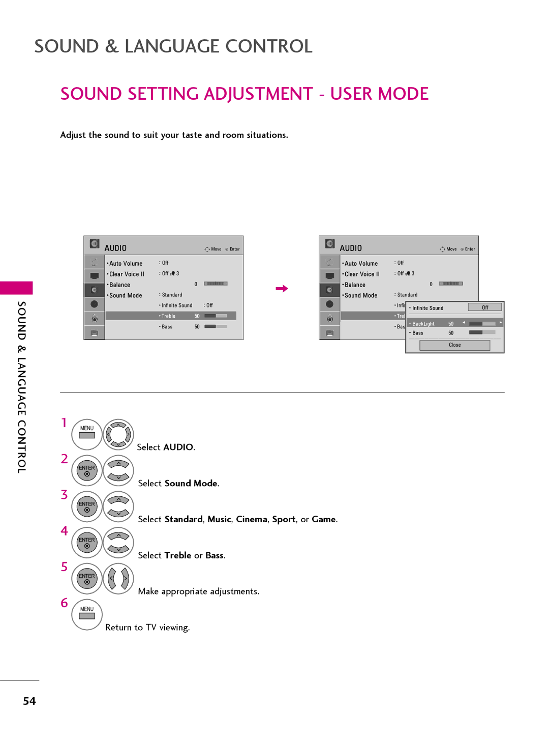 LG Electronics 22LQ630H, 32LQ630H Sound Setting Adjustment User Mode, Select Standard, Music, Cinema, Sport, or Game 