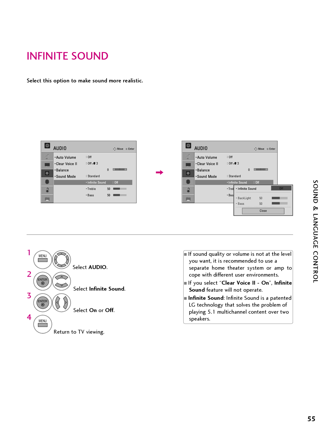 LG Electronics 26LQ630H, 32LQ630H, 42CQ610H, 22LQ630H owner manual Select Infinite Sound 