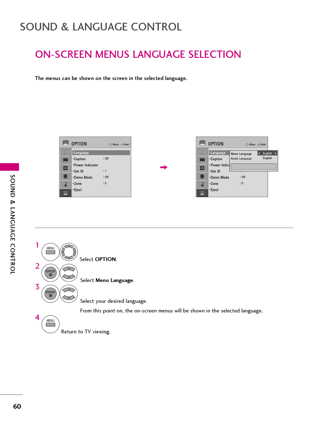 LG Electronics 32LQ630H, 42CQ610H, 22LQ630H, 26LQ630H owner manual ON-SCREEN Menus Language Selection, Select Menu Language 