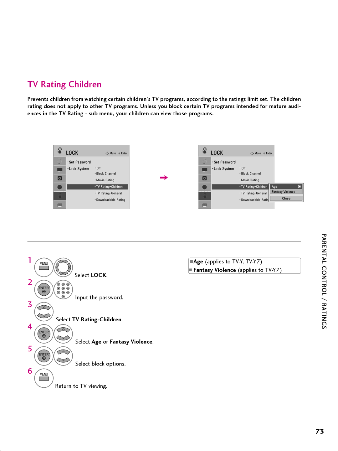 LG Electronics 42CQ610H, 32LQ630H, 22LQ630H TV Rating Children, Select TV Rating-Children, Select Age or Fantasy Violence 