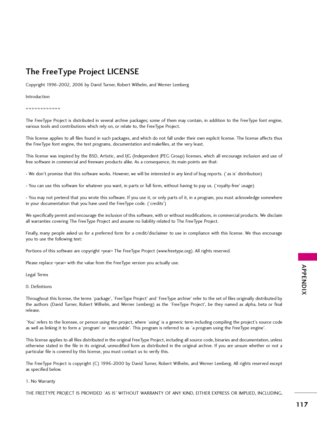 LG Electronics 42CQ610H, 32LQ630H, 22LQ630H, 26LQ630H owner manual The FreeType Project LICENSE 