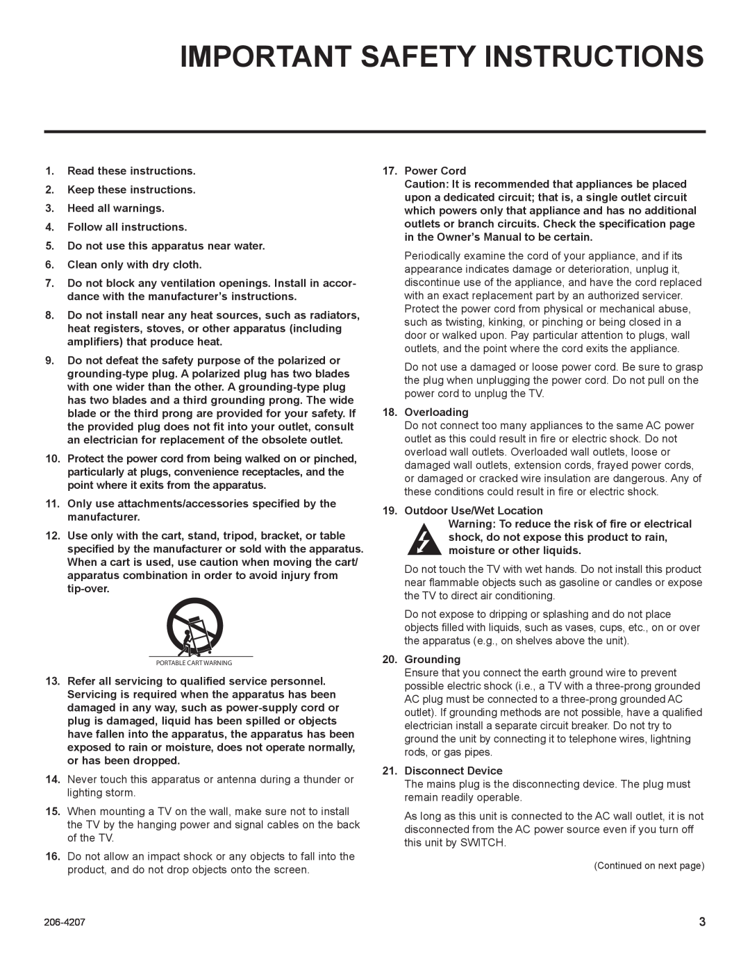 LG Electronics 32LQ630H Important Safety Instructions, Read these instructions 2. Keep these instructions, Power Cord 