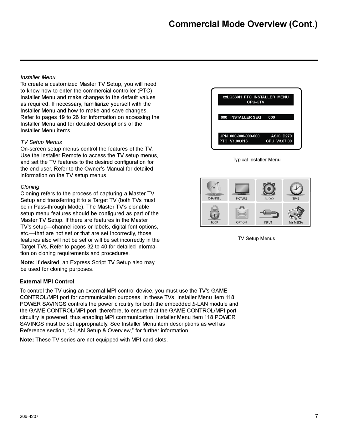LG Electronics 32LQ630H Commercial Mode Overview Cont, Installer Menu, TV Setup Menus, Cloning, External MPI Control 
