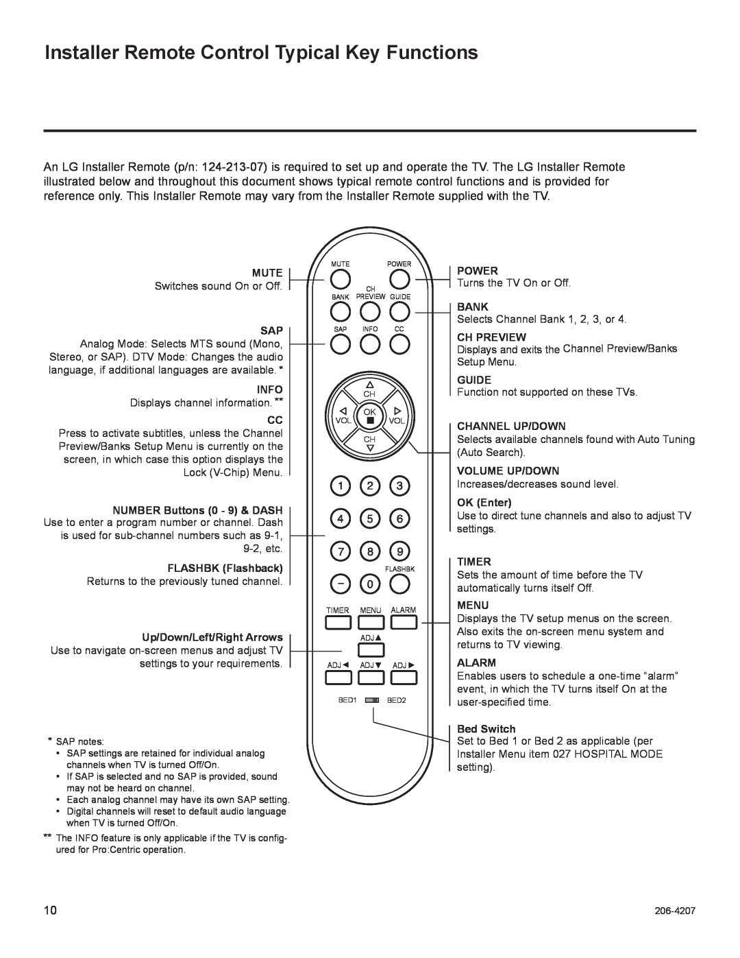 LG Electronics 26LQ630H Installer Remote Control Typical Key Functions, Mute, Info, Power, Bank, Ch Preview, Guide, Timer 
