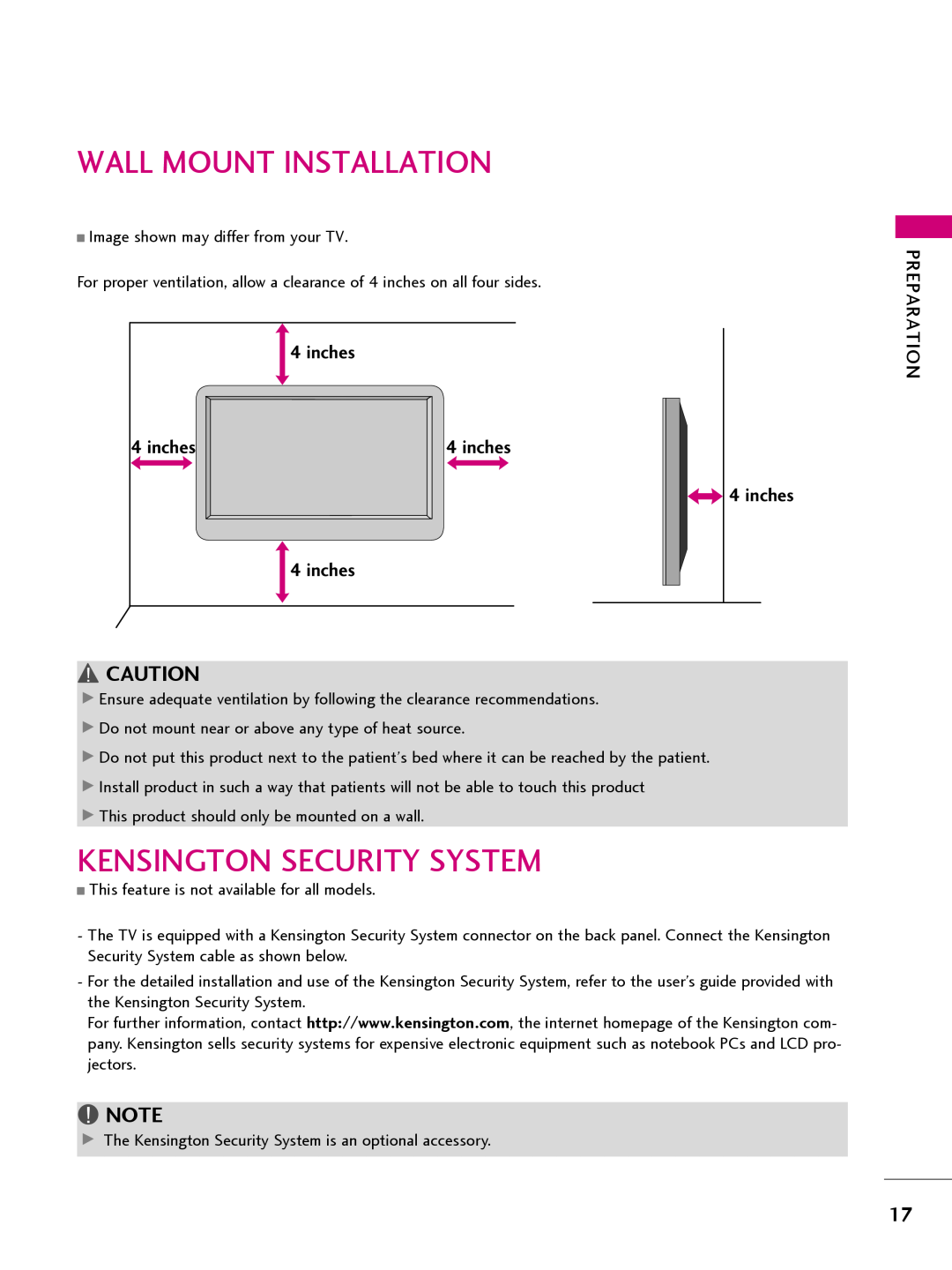 LG Electronics 42CQ610H, 32LQ630H, 22LQ630H, 26LQ630H owner manual Wall Mount Installation, Kensington Security System, inches 