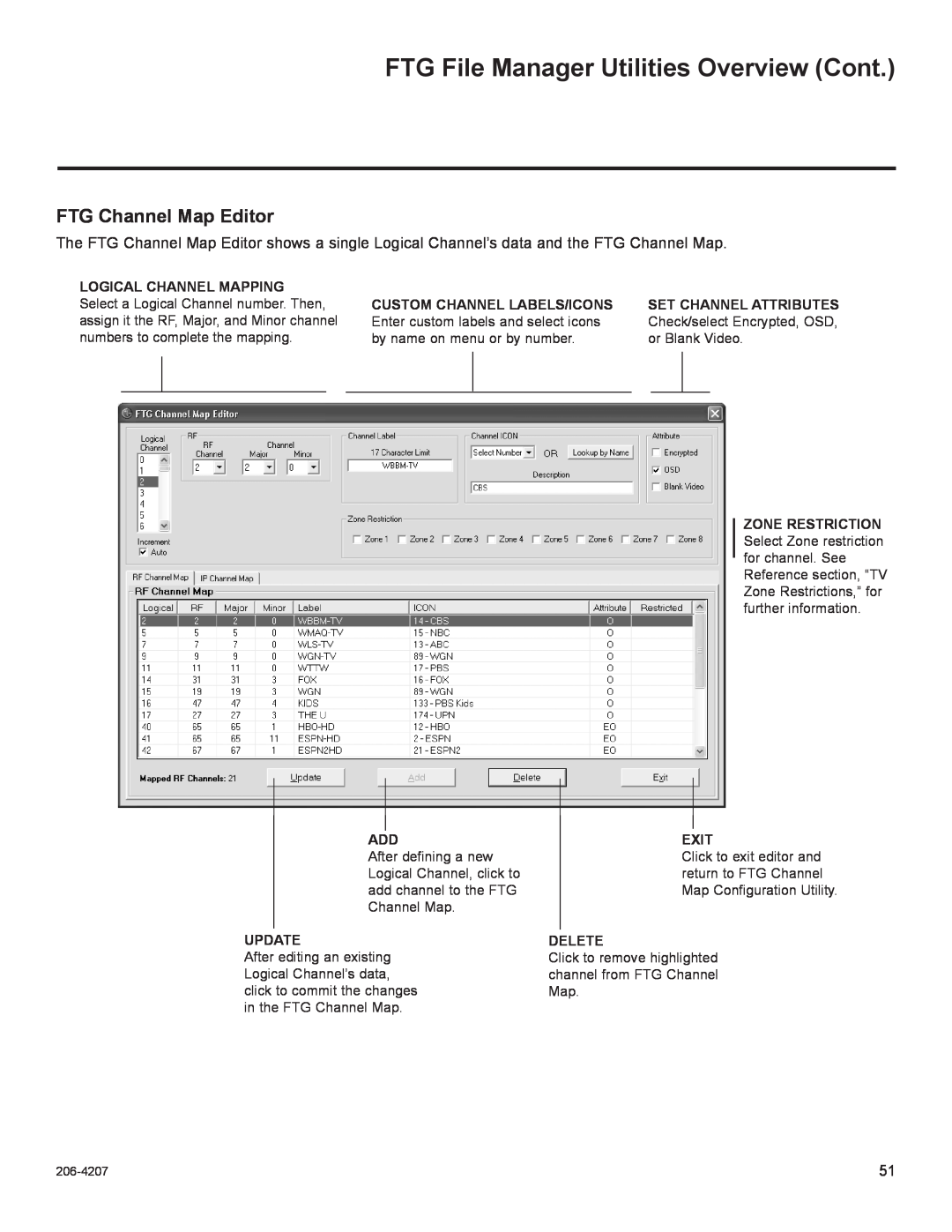 LG Electronics 32LQ630H, 42CQ610H FTG File Manager Utilities Overview Cont, FTG Channel Map Editor, Exit, Update, Delete 