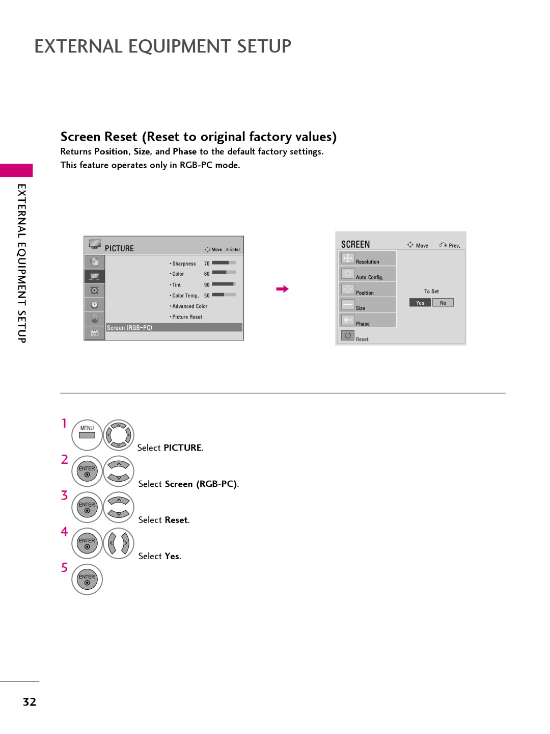 LG Electronics 32LQ630H Screen Reset Reset to original factory values, External Equipment Setup, Select Screen RGB-PC 
