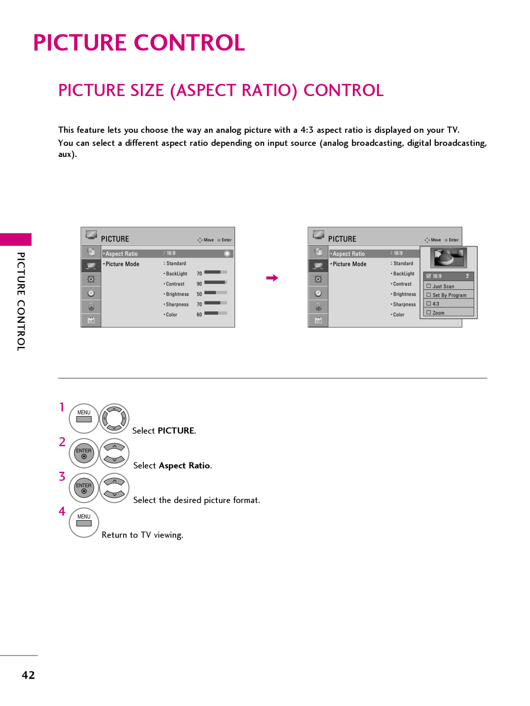 LG Electronics 22LQ630H, 32LQ630H, 42CQ610H Picture Control, Picture Size Aspect Ratio Control, Select Aspect Ratio 