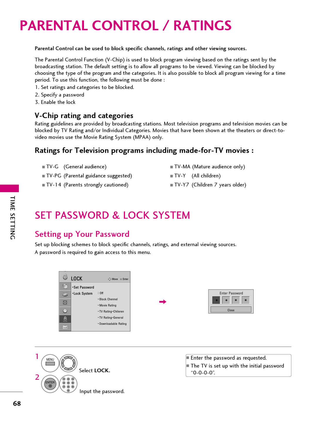 LG Electronics 32LQ630H Parental Control / Ratings, Set Password & Lock System, Setting up Your Password, Select LOCK 