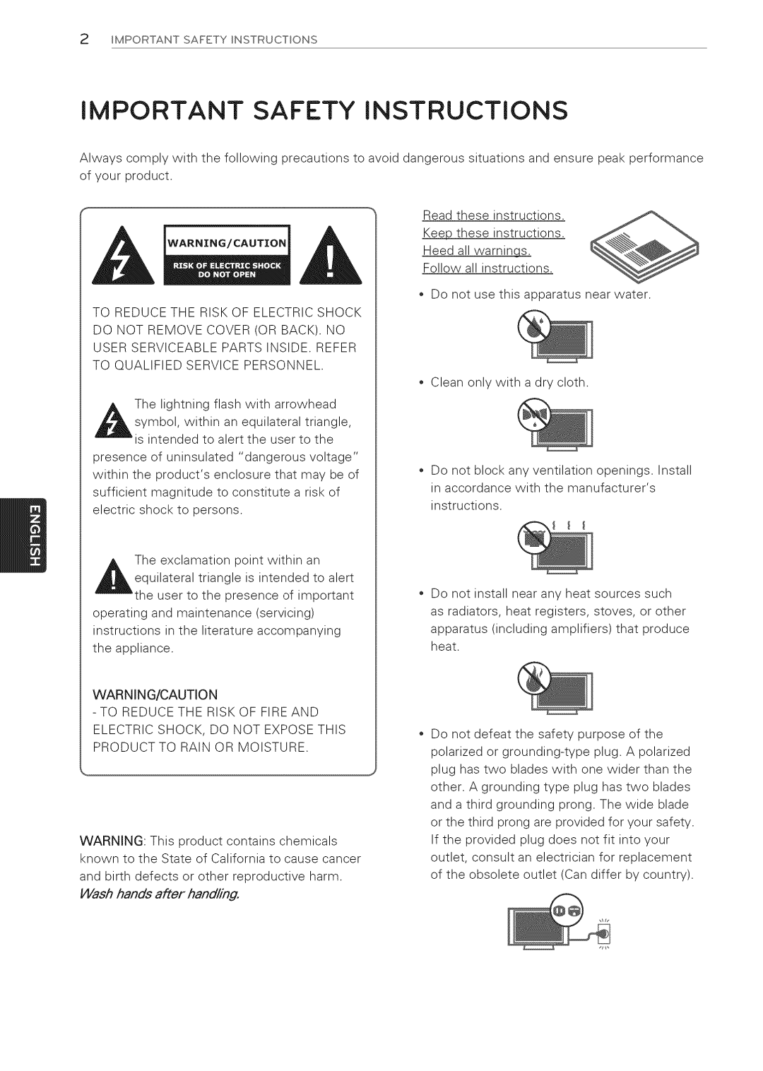 LG Electronics 32LS3410 manual Important Safety Instructions 