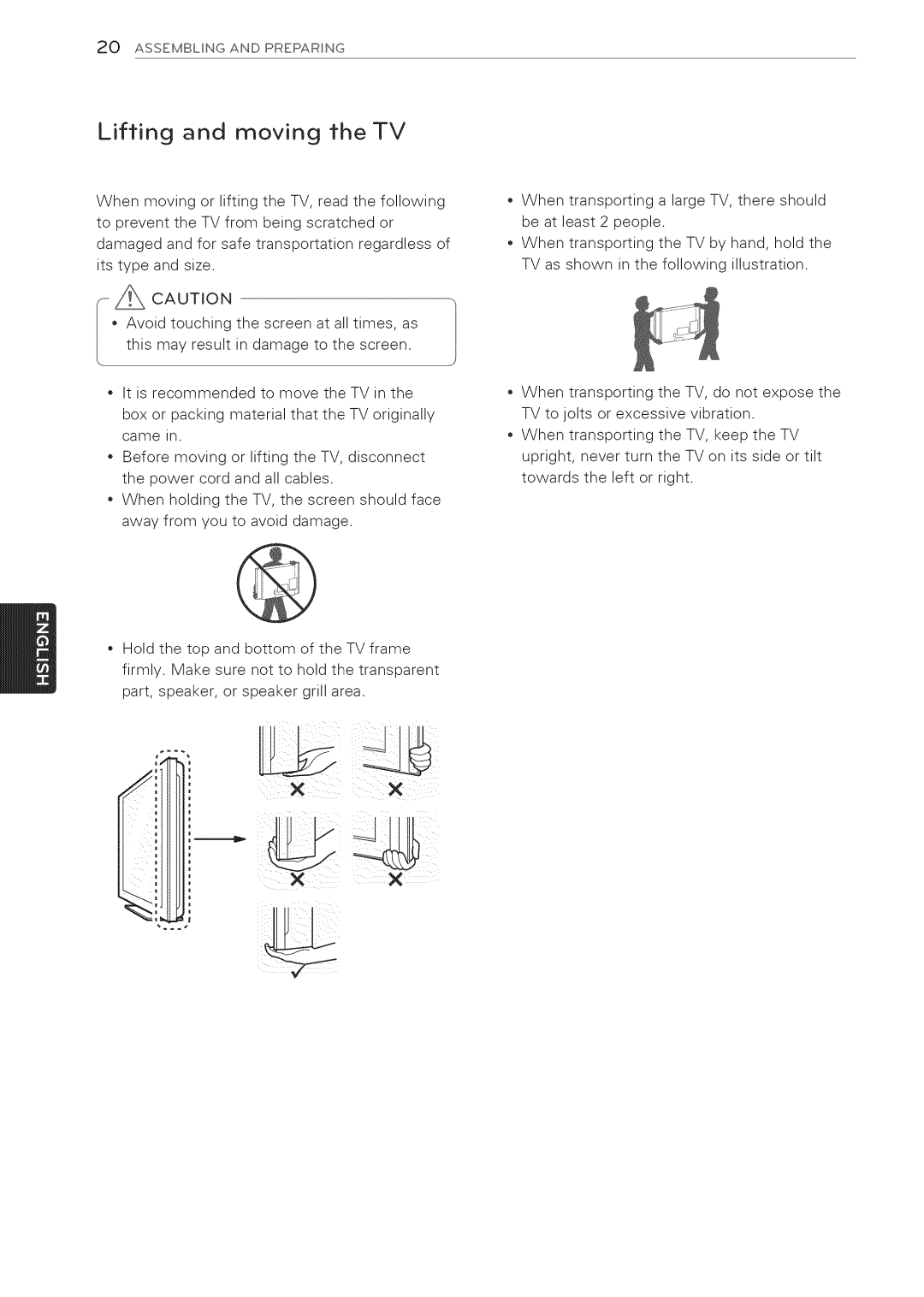 LG Electronics 32LS3410 manual Lifting and moving the TV, × × 