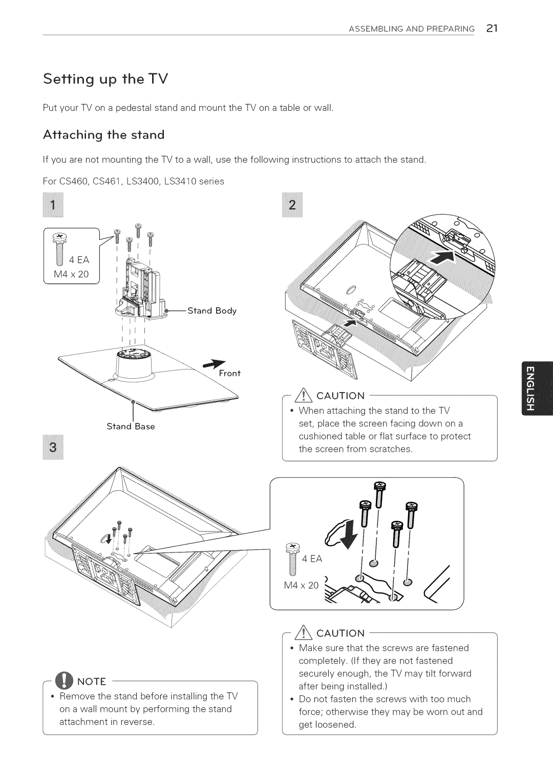 LG Electronics 32LS3410 manual Setting up the TV, Attaching the stand 