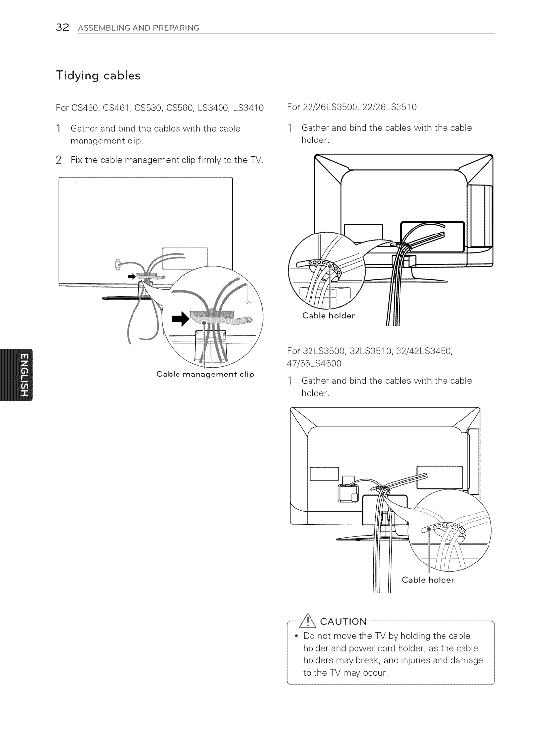 LG Electronics 32LS3410 manual Tidying cables 