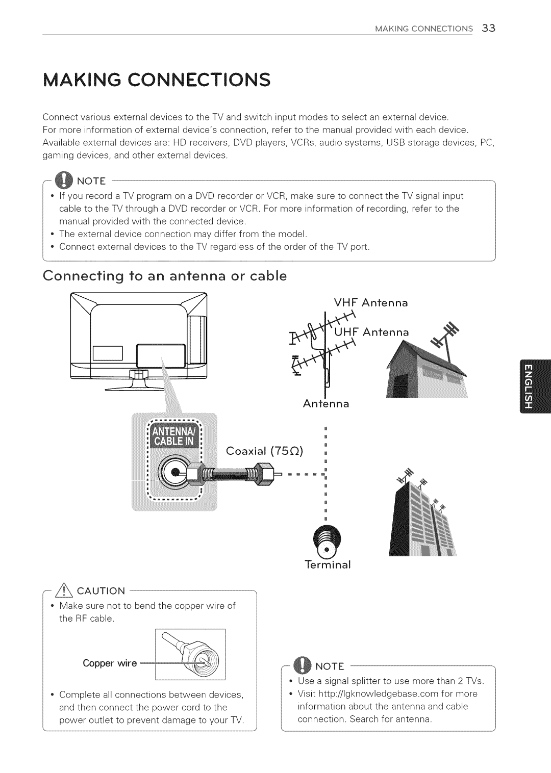 LG Electronics 32LS3410 manual Making Connections, Connecting to an antenna or cable, Coaxial 