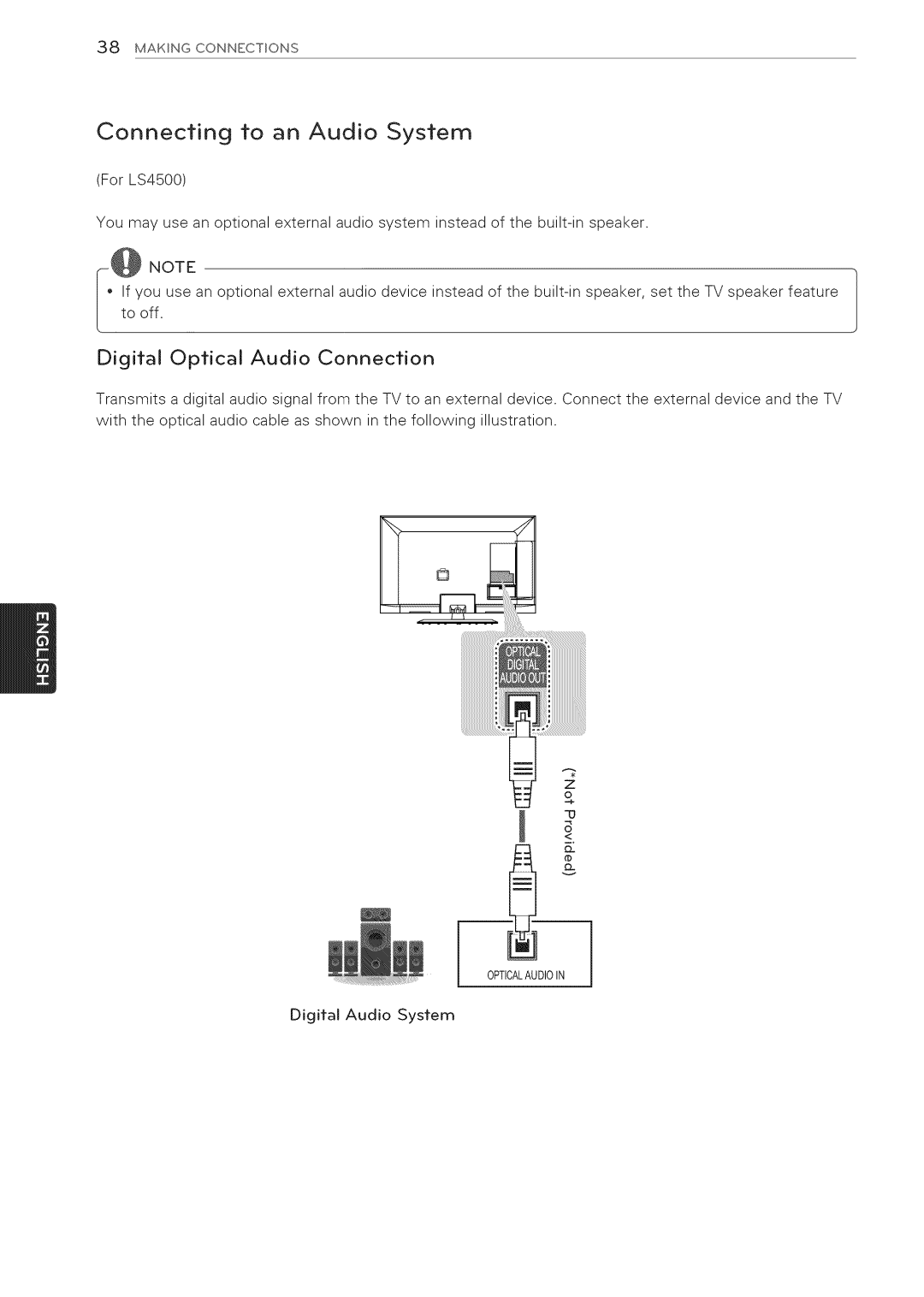 LG Electronics 32LS3410 manual Connecting to an Audio System, Digital Optical Audio Connection 